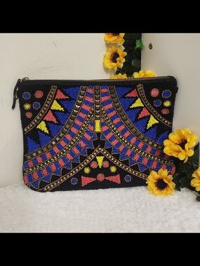 Steve Madden Black Beaded Clutch with Blue, Pink & Yellow Accents